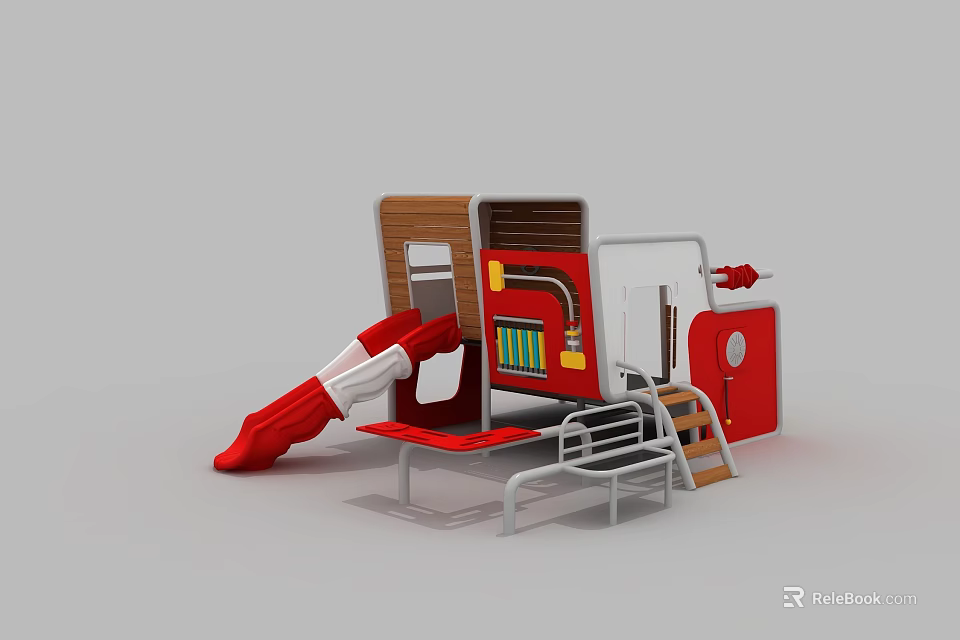 Garden Landscape With Red Children's Play Equipment Slide Ladder And Platform 3d model 