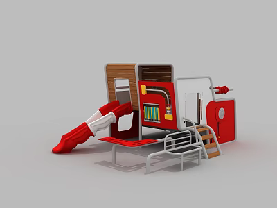 Garden Landscape With Red Children's Play Equipment Slide Ladder And Platform 3d model