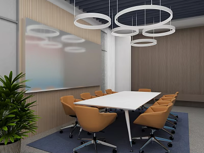 Modern Office Meeting Room With White Table Orange Chairs Circular Pendant Lights And Green Plant 3d model