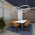 Modern Office Meeting Room With White Table Orange Chairs Circular Pendant Lights And Green Plant