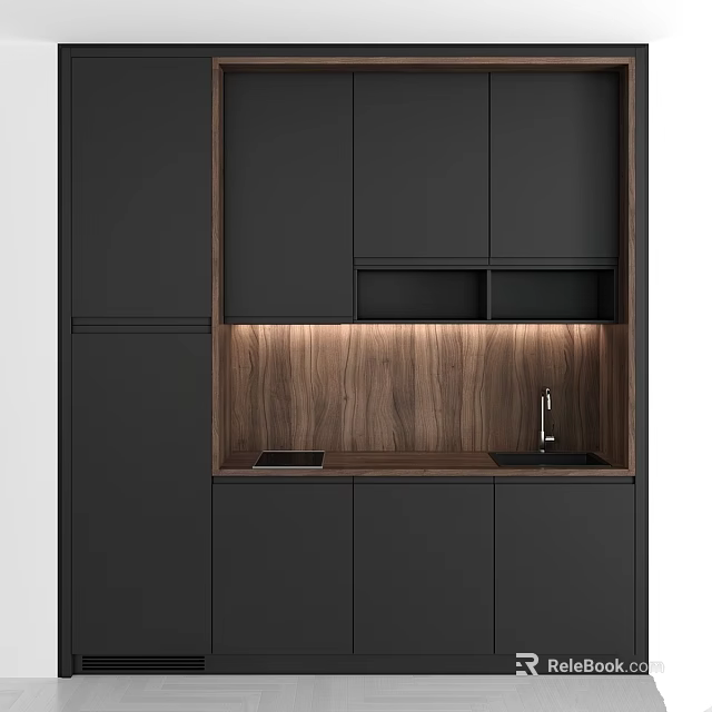 Modern Kitchen Black Cabinets With Wooden Accent Lighting Sink And Faucet 3d model 