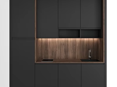 Modern Kitchen Black Cabinets With Wooden Accent Lighting Sink And Faucet 3d model