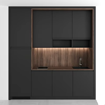 Modern Kitchen Black Cabinets With Wooden Accent Lighting Sink And Faucet 3d model