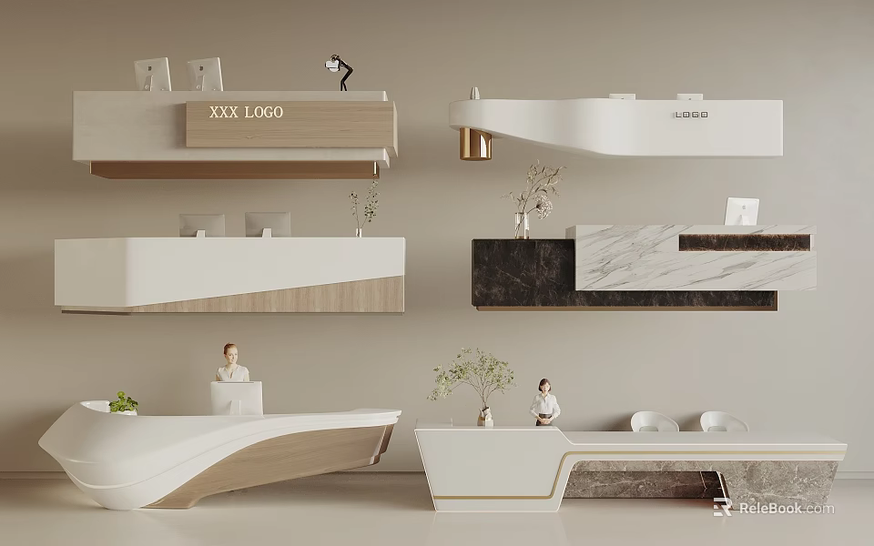 Modern Stylish Reception Desk Designs With Marble Wooden Surfaces Decorative Plants Table Lamps And Receptionists 3d model 
