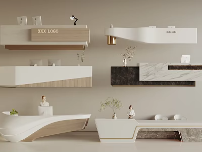 Modern Stylish Reception Desk Designs With Marble Wooden Surfaces Decorative Plants Table Lamps And Receptionists 3d model