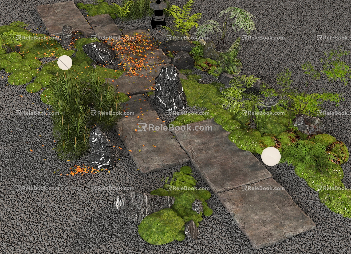 Bluestone Landscape Ting Step Garden Paving Courtyard Landscape Landscaping Moss Stone Stones 3d model