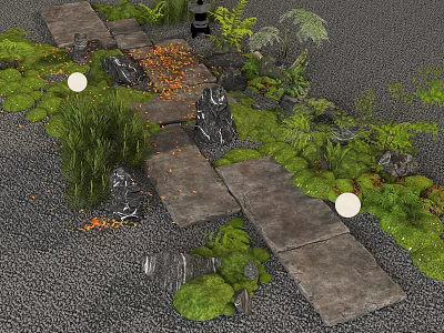 Serene Stepping Stones Garden Pathway With Lush Green Plants Moss And Gravel Ground 3d model