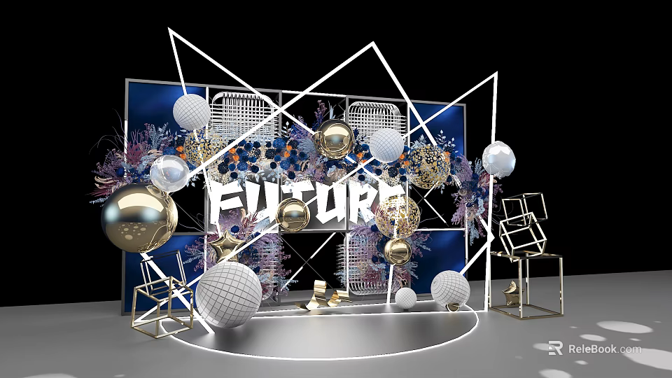 Modern Stage Design With Geometric Frames Blue Background Gold White Spheres Floral Decorations FUTURE Lettering 3d model 
