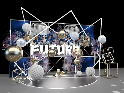 Modern Stage Design With Geometric Frames Blue Background Gold White Spheres Floral Decorations FUTURE Lettering 3d model