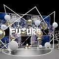 Modern Stage Design With Geometric Frames Blue Background Gold White Spheres Floral Decorations FUTURE Lettering