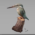 Vibrant colorful kingfisher bird perched gracefully on wooden stump with long beak