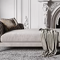 Luxurious Velvet Beige Chaise Lounge with Carved Wall Fireplace Floor Lamp and Throw Rug