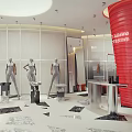 Modern Fashion Clothing Store Interior With Mannequins Red Decor Clothing Racks Display Tables and Lighting