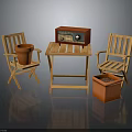 Wooden Patio Chairs And Table With Red Radio And Clay Flower Pots
