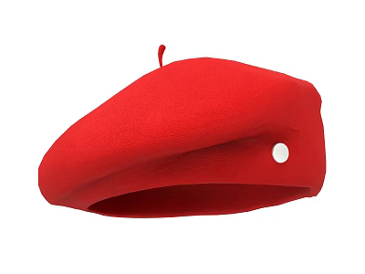Red Beret With Red Pom Pom On Top And Silver Button On Side 3d model