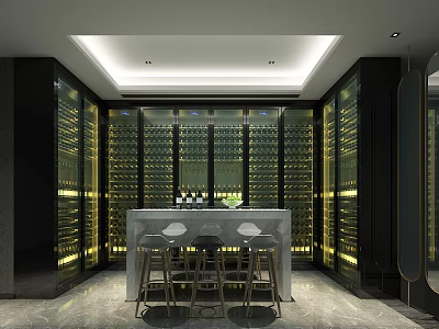 Luxury Wine Cellar Interior With Illuminated Wine Racks Central Bar Counter And Bar Stools 3d model