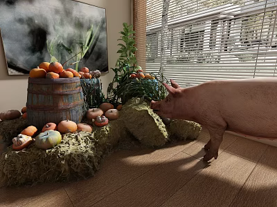 Pig In Room With Hay Bales Pumpkins Wooden Barrel Of Oranges Window And Painting 3d model