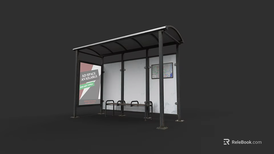 Modern Bus Shelter with Roof Bench Advertisement and Map for Urban Transport 3d model 