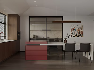 Modern Kitchen Interior With Red Island Wooden Cabinets White Countertop And Pendant Lights 3d model