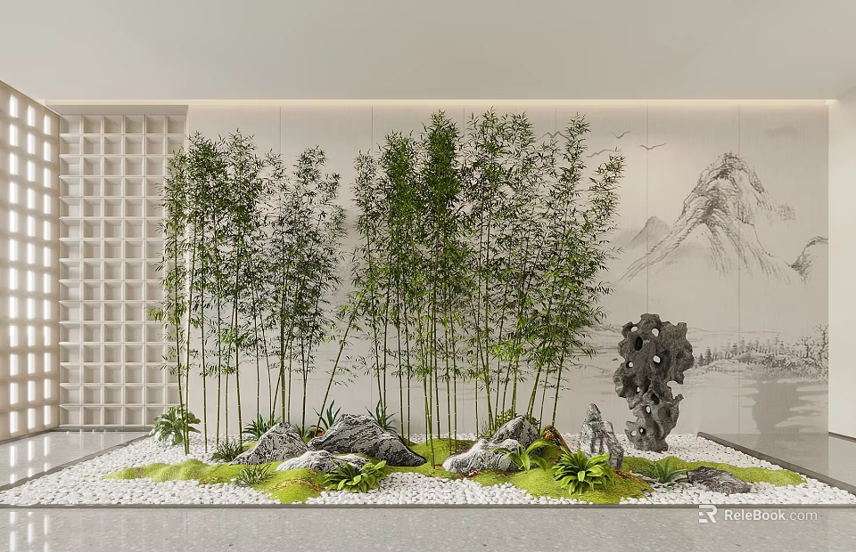 Tall Bamboo in Modern Interior with Rockery Stones Moss and Light Colored Walls Landscape Painting 3d model 