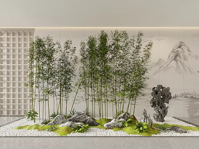 Tall Bamboo in Modern Interior with Rockery Stones Moss and Light Colored Walls Landscape Painting 3d model