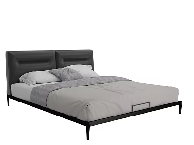 Modern Double Bed With Black Leather Headboard Metal Frame And Light Gray Bedding 3d model