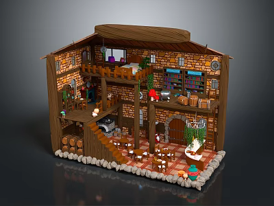 Cartoon Style House Interior With Brick Walls Wooden Staircase Tables Chairs Bookshelves Plants And Barrels 3d model