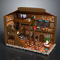 Cartoon Style House Interior With Brick Walls Wooden Staircase Tables Chairs Bookshelves Plants And Barrels
