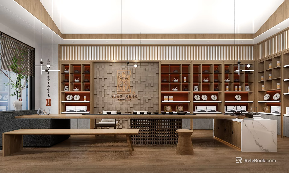 Traditional Chinese Tea Ware Specialty Store Featuring Wooden Racks And Tea Set Displays 3d model 