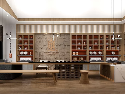 Traditional Chinese Tea Ware Specialty Store Featuring Wooden Racks And Tea Set Displays 3d model
