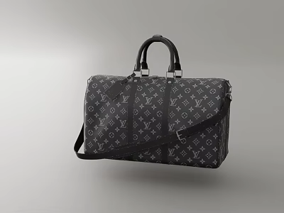 Black Duffel Bag With White Monogram Pattern Leather Handles And Adjustable Strap 3d model