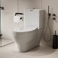 Modern White Toilet In Bathroom Interior With Toilet Paper Holder And Shower Area