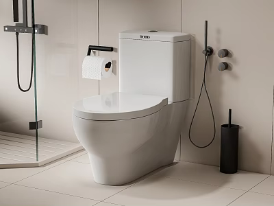 Modern White Toilet In Bathroom Interior With Toilet Paper Holder And Shower Area 3d model