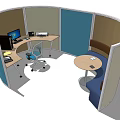 Office Desk In Curved Office Cubicle With Computer Printer Chair And Round Table
