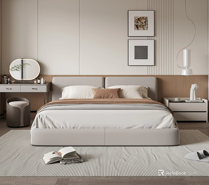 Modern Bedroom Interior With Double Bed Pillows Nightstand Mirror And Decorative Paintings 3d model 