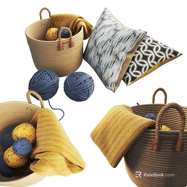 Woven Storage Baskets with Handles Yarn Balls Pillows and Blankets in Yellow Blue 3d model 