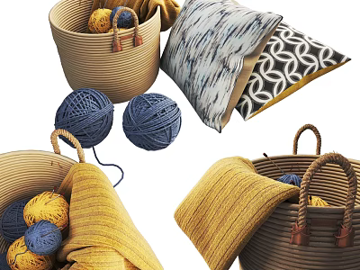 Woven Storage Baskets with Handles Yarn Balls Pillows and Blankets in Yellow Blue 3d model