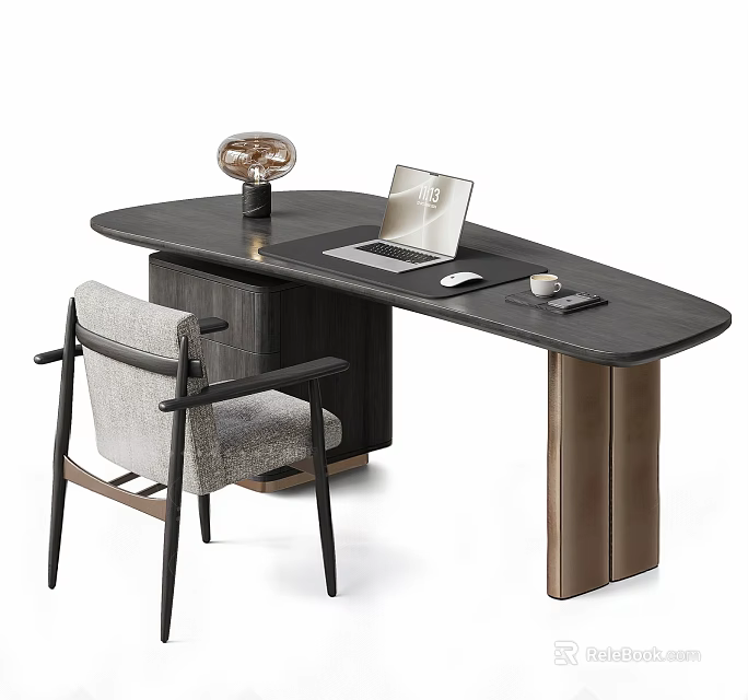 Modern Curved Dark Wood Desk With Laptop Mouse Coffee Cup And Upholstered Chair 3d model 