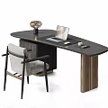 Modern Curved Dark Wood Desk With Laptop Mouse Coffee Cup And Upholstered Chair