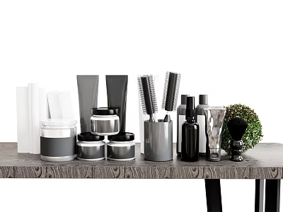 Stylish Perfume and Cosmetics Collection With Bottles Jars Brushes Arranged on Wooden Table 3d model