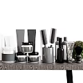 Stylish Perfume and Cosmetics Collection With Bottles Jars Brushes Arranged on Wooden Table