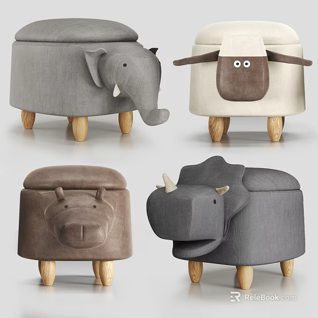Cute Animal Shaped Stools with Elephant Sheep Hippo Rhino Designs and Wooden Legs 3d model 