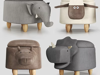 Cute Animal Shaped Stools with Elephant Sheep Hippo Rhino Designs and Wooden Legs 3d model