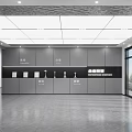 Modern Exhibition Hall Interior Featuring Gray Cabinets Black Display Wall Exhibits And Glass Windows