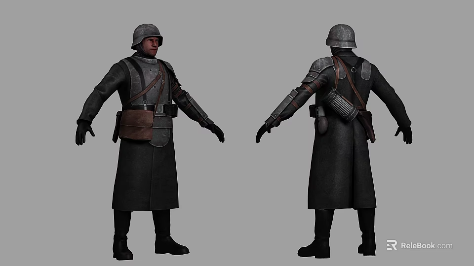 Man Wearing Military Helmet And Long Dark Coat With Leather Backpack 3d model 