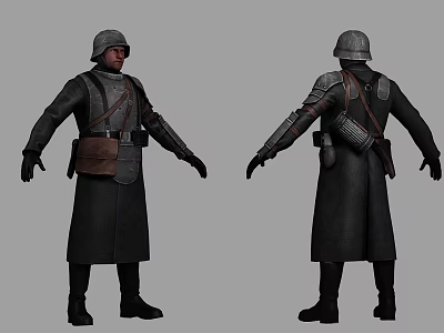 Man Wearing Military Helmet And Long Dark Coat With Leather Backpack 3d model
