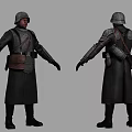 Man Wearing Military Helmet And Long Dark Coat With Leather Backpack