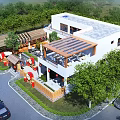 Modern Detached Villa Exterior With Courtyard Greenery And Car In Tree Surrounded Area