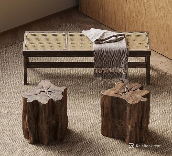 Natural Wooden Stump Stools With Leaf Shapes And Woven Bench With Blanket 3d model 