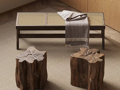Natural Wooden Stump Stools With Leaf Shapes And Woven Bench With Blanket 3d model